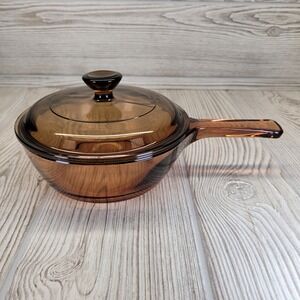 Pyrex Vision Corning Ware Amber Glass .5L Sauce Pan Pot Lid Kitchen Cookware Vtg